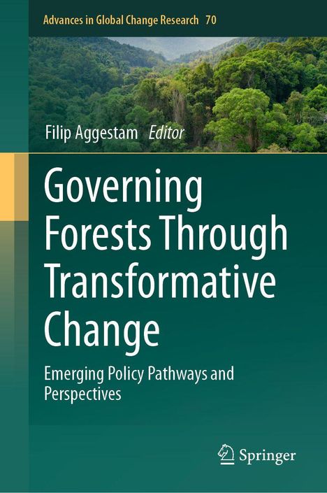 Titel: Governing Forests Through Transformative Change. Illustration: Dichte, grüne Waldlandschaft. Springer-Logo unten.