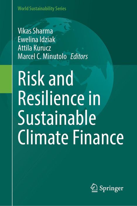 Text "Risk and Resilience in Sustainable Climate Finance" auf grünem Hintergrund. Unten rechts ist das Springer-Logo.