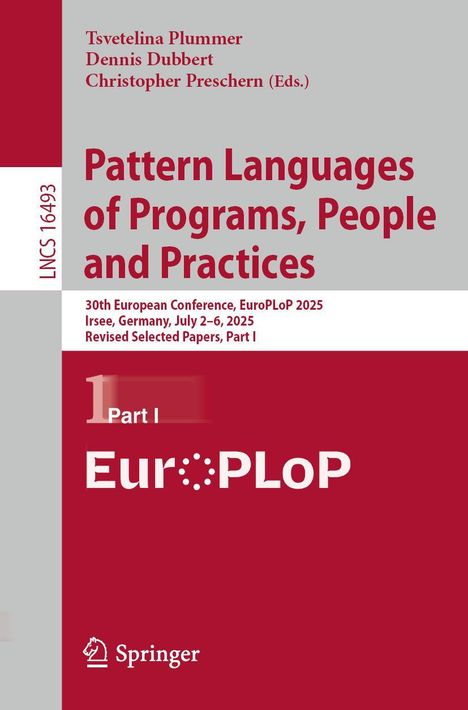 Text: LNCS 16493, Pattern Languages of Programs, People and Practices, EuroPLoP 2025, Springer. Cover mit rotem und grauem Hintergrund.