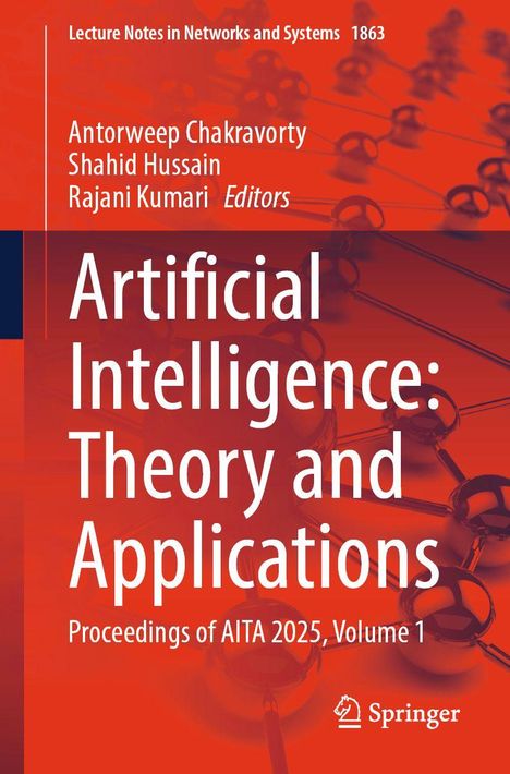 Titel: Artificial Intelligence: Theory and Applications. Hintergrund: Rote und schwarze Töne mit molekularen Strukturen.