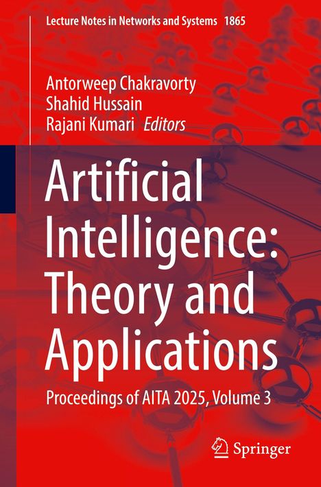 "Artificial Intelligence: Theory and Applications" Titel auf rotem Hintergrund, unter anderem mit Molekülstruktur und Springer-Logo.