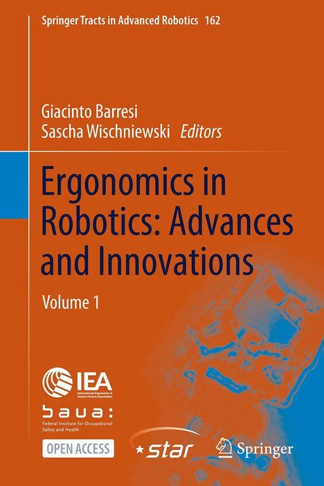 Ergonomics in Robotics: Advances and Innovations, Volume 1. Untere Logos: IEA, baua, star, Springer. Orange-blauer Hintergrund.