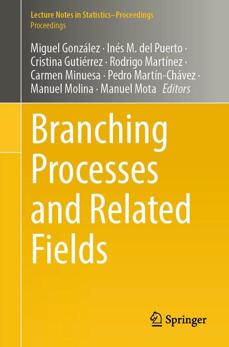 Oben grau: Autorenliste, gelb unten: "Branching Processes and Related Fields", Springer-Logo.