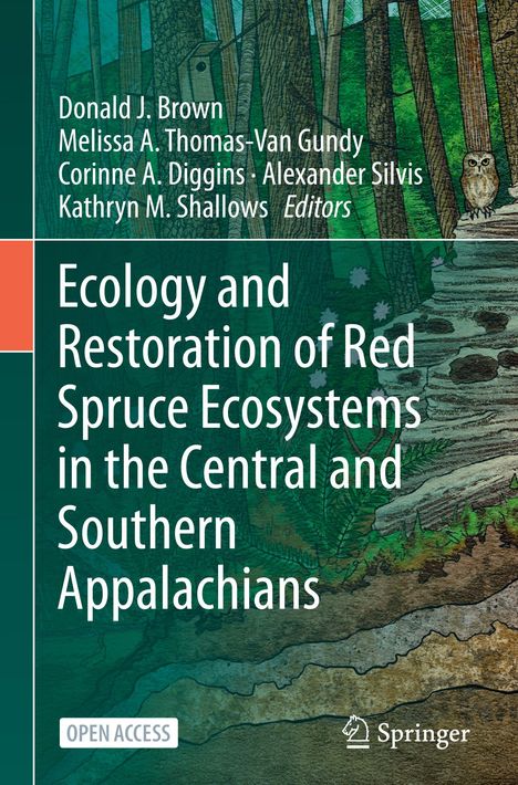 Titel: "Ecology and Restoration of Red Spruce Ecosystems in the Central and Southern Appalachians." Illustration: Waldszene mit Eule.