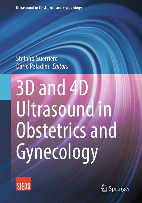 "3D and 4D Ultrasound in Obstetrics and Gynecology", Buchcover mit blauen und violetten Wirbeln.