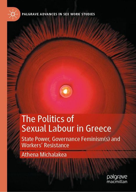 Der Text lautet: „The Politics of Sexual Labour in Greece. State Power, Governance Feminism(s) and Workers’ Resistance. Athena Michalakea“. Oben „Palgrave Advances in Sex Work Studies“. Das Design zeigt ein abstraktes Muster in Rot- und Schwarztönen.