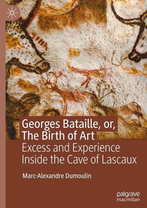 Der Text beschreibt ein Buch über Georges Bataille und Kunst in der Höhle von Lascaux. Hintergrund: prähistorische Malereien.