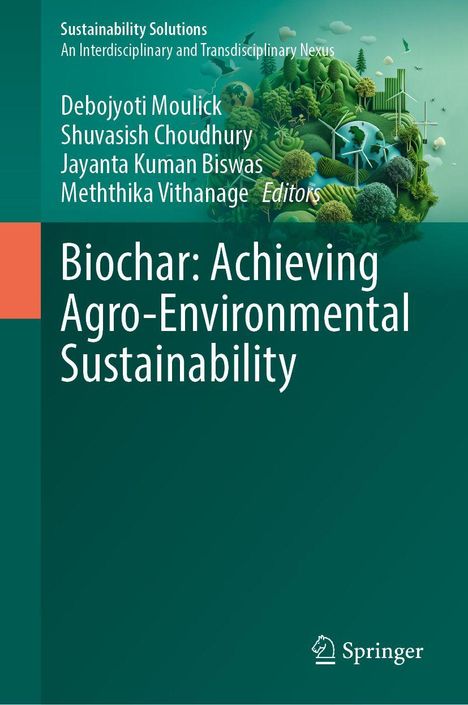 Titel: Biochar: Achieving Agro-Environmental Sustainability. Illustration einer grünen, bewaldeten Erde.