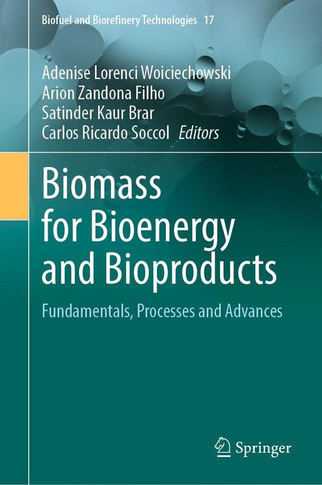 „Biomass for Bioenergy and Bioproducts“ steht in Weiß auf grünem Hintergrund, links oben sind Editorennamen. Links unten Logo von Springer.