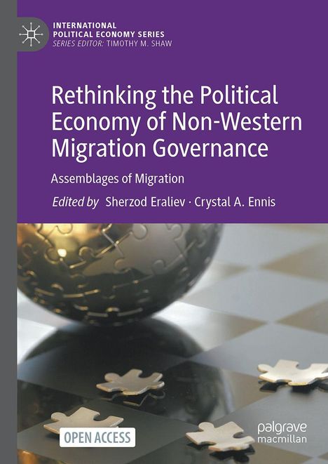 "Rethinking the Political Economy of Non-Western Migration Governance," lila Hintergrund, Puzzlemuster im Vordergrund.