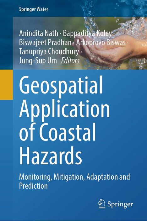 Der Titel lautet "Geospatial Application of Coastal Hazards". Bild zeigt Hände, die Wasser halten. Oben links "Springer Water".