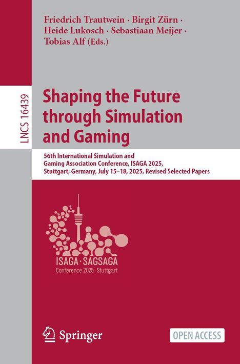 "Shaping the Future through Simulation and Gaming." Oben rote Namen, Logo unten mit Springer-Schachfigur, Texte zu ISAGA 2025.