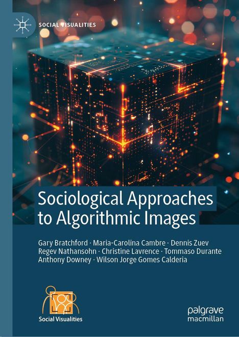 "Sociological Approaches to Algorithmic Images"; Würfel mit leuchtenden, digitalen Mustern und Lichtpunkten im Hintergrund.