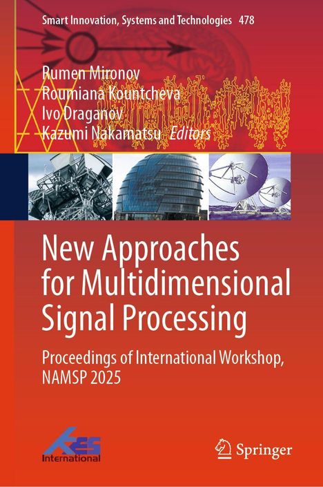 Titel: "New Approaches for Multidimensional Signal Processing." Oben: Autoren. Unten: Bauwerke, Satellitenschüsseln.