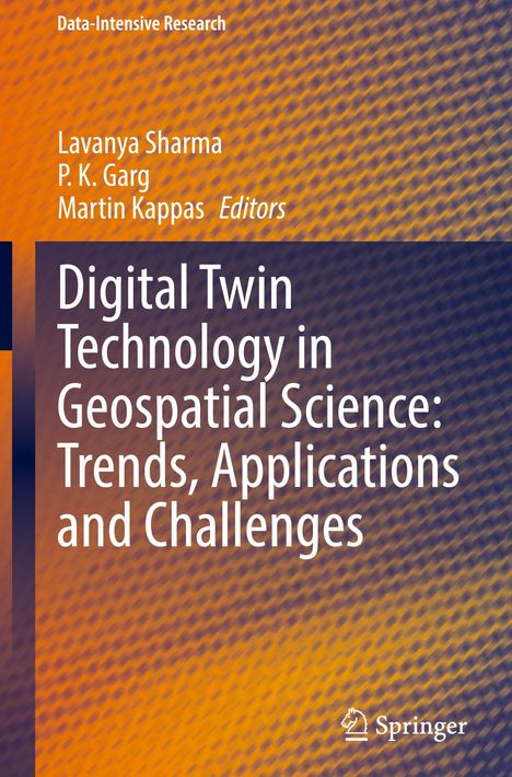 Titel: Digital Twin Technology in Geospatial Science: Trends, Applications and Challenges. Strukturierter, blauer Hintergrund.
