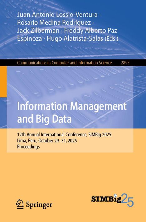 "Information Management and Big Data," 12. Konferenz, Lima, Peru, 29.–31. Okt. 2025. Gelbes Cover, blaue Details. Springer-Logo.