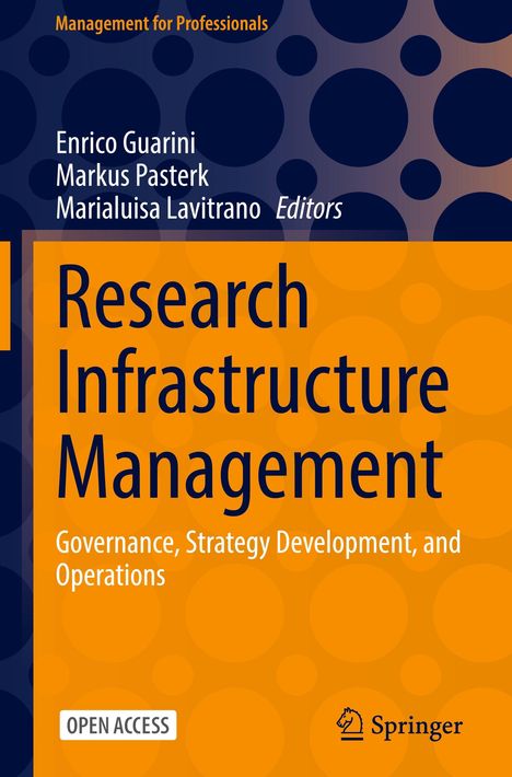 "Research Infrastructure Management: Governance, Strategy Development, and Operations", blaue Kreise, oranger Hintergrund.