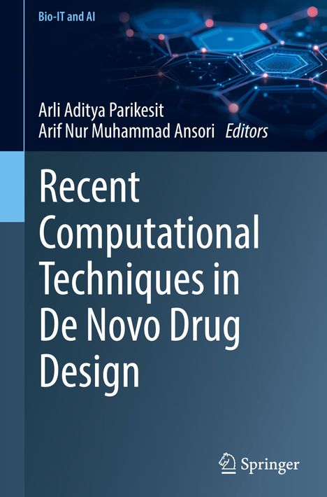 Oberer Text: "Bio-IT and AI". Titel: "Recent Computational Techniques in De Novo Drug Design". Illustration: Blaue Hexagon-Muster.