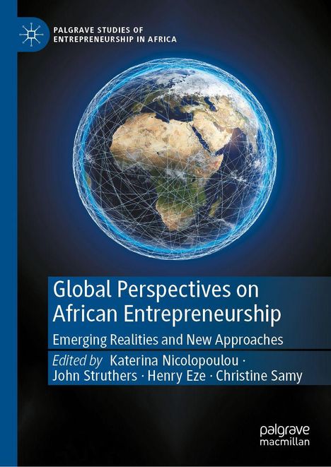 „Global Perspectives on African Entrepreneurship“, bearbeitet von Katerina Nicolopoulou et al. Globus mit Netzlinien.