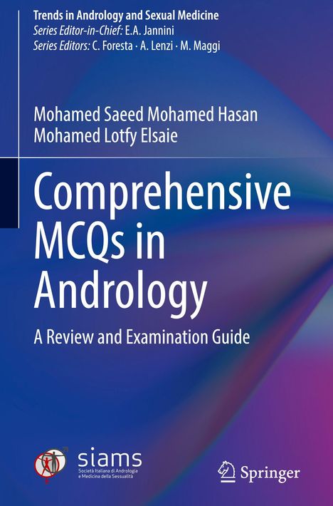 Titel: Comprehensive MCQs in Andrology. Autoren: Mohamed Saeed Mohamed Hasan, Mohamed Lotfy Elsaie. Blau-violetter Hintergrund.
