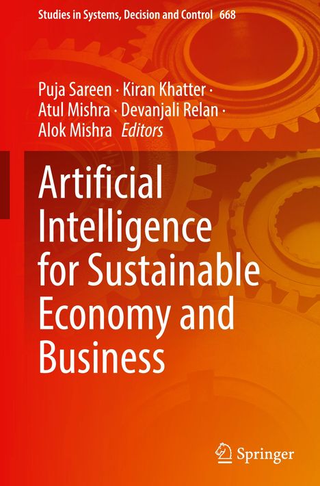 Titel: "Artificial Intelligence for Sustainable Economy and Business". Zahnrad-Motiv in warmen Rottönen, Springer-Logo.