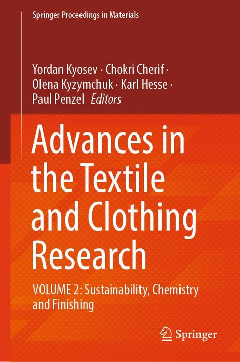 "Advances in the Textile and Clothing Research", Band 2: Nachhaltigkeit. Autoren: Yordan Kyosev, Chokri Cherif u.a. Springer-Logo.