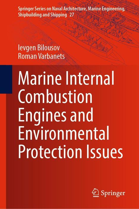 Buchtitel: "Marine Internal Combustion Engines and Environmental Protection Issues". Orange Hintergrund, technisches Diagramm.