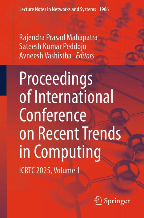 Buchtitel, Autoren und Redaktion: "Proceedings of International Conference on Recent Trends in Computing". Hintergrund: abstrakte Netzwerke.