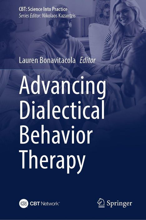 Text: "CBT: Science Into Practice", "Advancing Dialectical Behavior Therapy", Menschen in Gespräch, entspannte Atmosphäre.