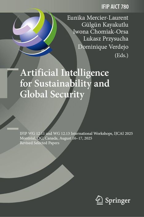 Text: "Artificial Intelligence for Sustainability and Global Security". Hintergrund: Abstraktes Design mit Logo oben links.