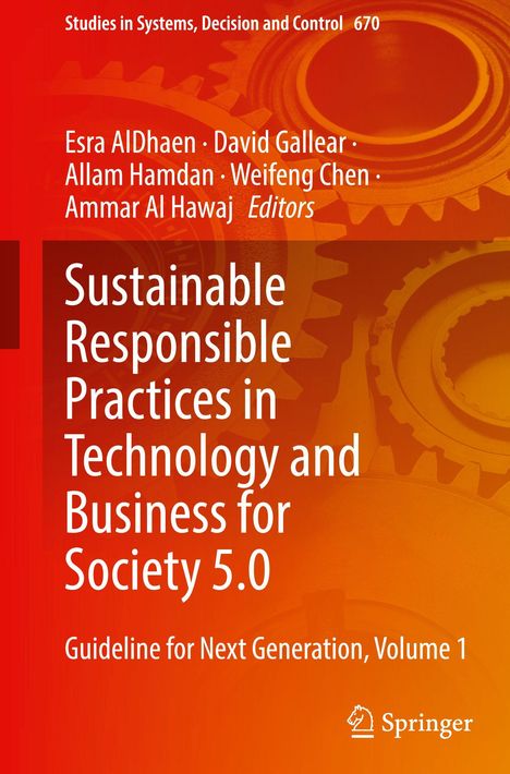 „Sustainable Responsible Practices in Technology and Business for Society 5.0“. Rotes Design mit Zahnrädern im Hintergrund.