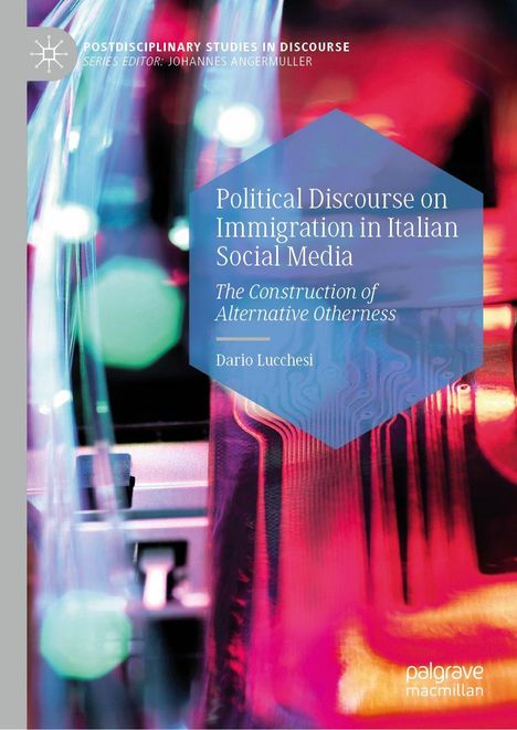 Titel: "Political Discourse on Immigration in Italian Social Media". Bunte, abstrakte Formen im Hintergrund.