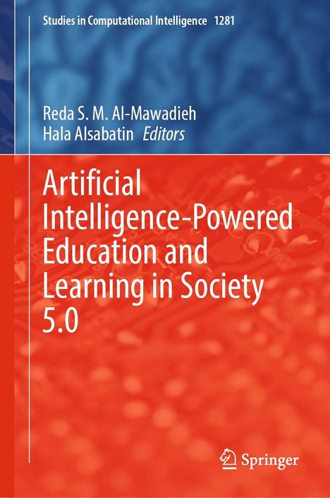 Text: "Artificial Intelligence-Powered Education and Learning in Society 5.0." Oben blaue Muster, unten rote Struktur.
