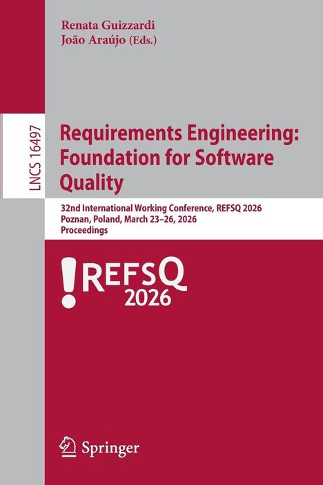 Ein Buchcover in Rot-Grau mit der Aufschrift: "Requirements Engineering: Foundation for Software Quality". Links ein vertikaler Textstreifen.