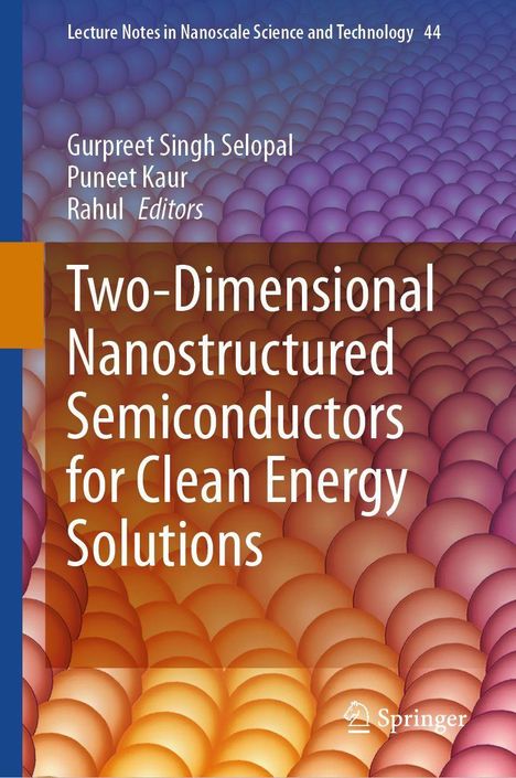 „Two-Dimensional Nanostructured Semiconductors for Clean Energy Solutions“, Editors: Gurpreet Singh Selopal, Puneet Kaur, Rahul. Untergrund: Farbige, schuppenartige Muster.