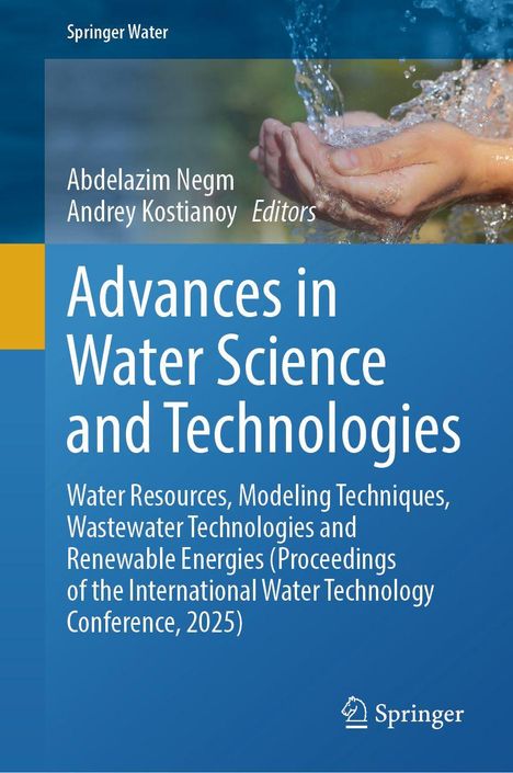 Text: „Advances in Water Science and Technologies“. Hände, die Wasser schöpfen; blau-gelbes Design, Springer-Logo.