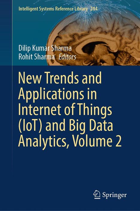 Titel: "New Trends and Applications in Internet of Things (IoT) and Big Data Analytics, Volume 2". Illustration eines Gehirns.