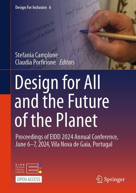 "Design for All and the Future of the Planet" steht groß. Eine Hand schreibt auf Papier. Unten ein Open Access Logo.