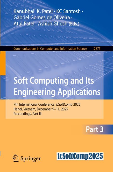 Titel: Soft Computing and Its Engineering Applications. Logo einer Konferenz. Orange-blaues Design mit Text.