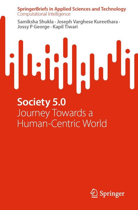 Buchtitel: "Society 5.0: Journey Towards a Human-Centric World". Rotes und weißes Design mit abstraktem Muster.