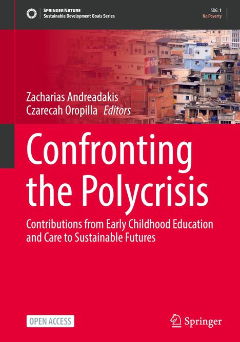 „Confronting the Polycrisis; Beiträge von Früherziehung“. Oben verfallene Gebäude. Logo „SPRINGER NATURE Sustainable Development“.