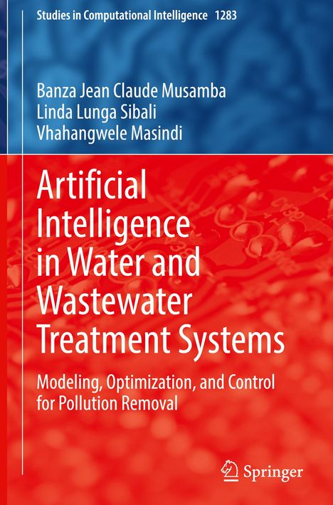 Text: "Artificial Intelligence in Water and Wastewater Treatment Systems." Autoren: Banza J. C. Musamba et al. Hintergrund: Blau und Rot.