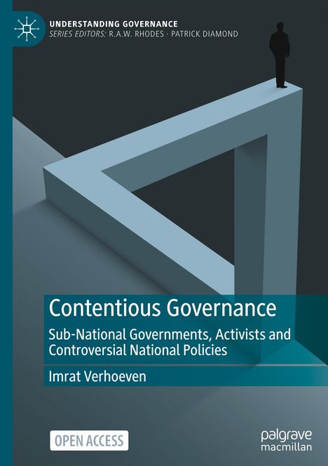 "Contentious Governance" von Imrat Verhoeven, Paradox-Illusion, Person steht auf der Spitze, dunkelblauer Hintergrund.