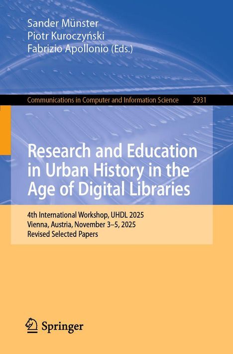 Buchtitel: "Research and Education in Urban History in the Age of Digital Libraries". Hintergrund: Blau und Orange.