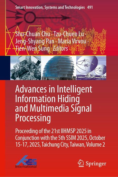 Buchtitel: "Advances in Intelligent Information Hiding and Multimedia Signal Processing". Abbildungen und Logos im Hintergrund.