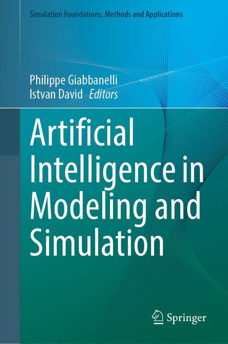 Text: "Artificial Intelligence in Modeling and Simulation". Autoren: Philippe Giabbanelli, Istvan David. Hintergrund: Blaues Muster.