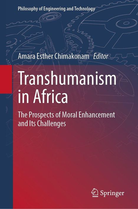 "Transhumanism in Africa: The Prospects of Moral Enhancement and Its Challenges", mit Zahnrädern im Hintergrund, Springer-Logo unten.