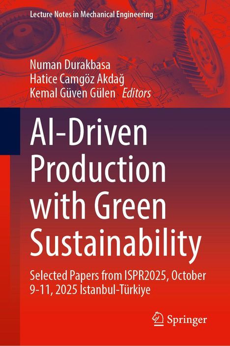 Text: Titel „AI-Driven Production with Green Sustainability“, Herausgeber, Konferenzdetails. Technikillustration im Hintergrund.