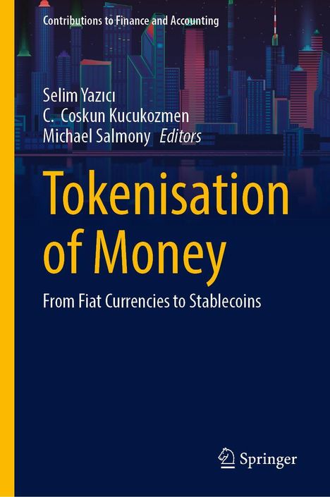 „Tokenisation of Money: From Fiat Currencies to Stablecoins“, Skyline mit bunten Hochhäusern im Hintergrund.