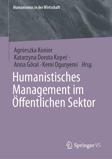 Titel: Humanistisches Management im Öffentlichen Sektor. Grauer Hintergrund, lila unterer Bereich, Springer-Logo.